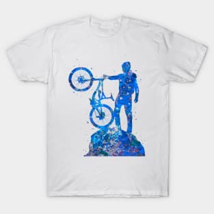 Downhill mountain bike watercolor blue art T-Shirt